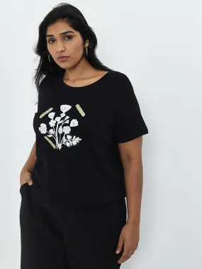 Gia Black Floral Printed Cotton T-Shirt