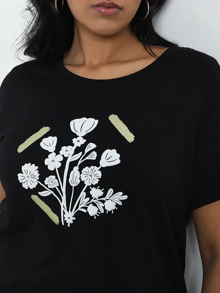 Gia Black Floral Printed Cotton T-Shirt