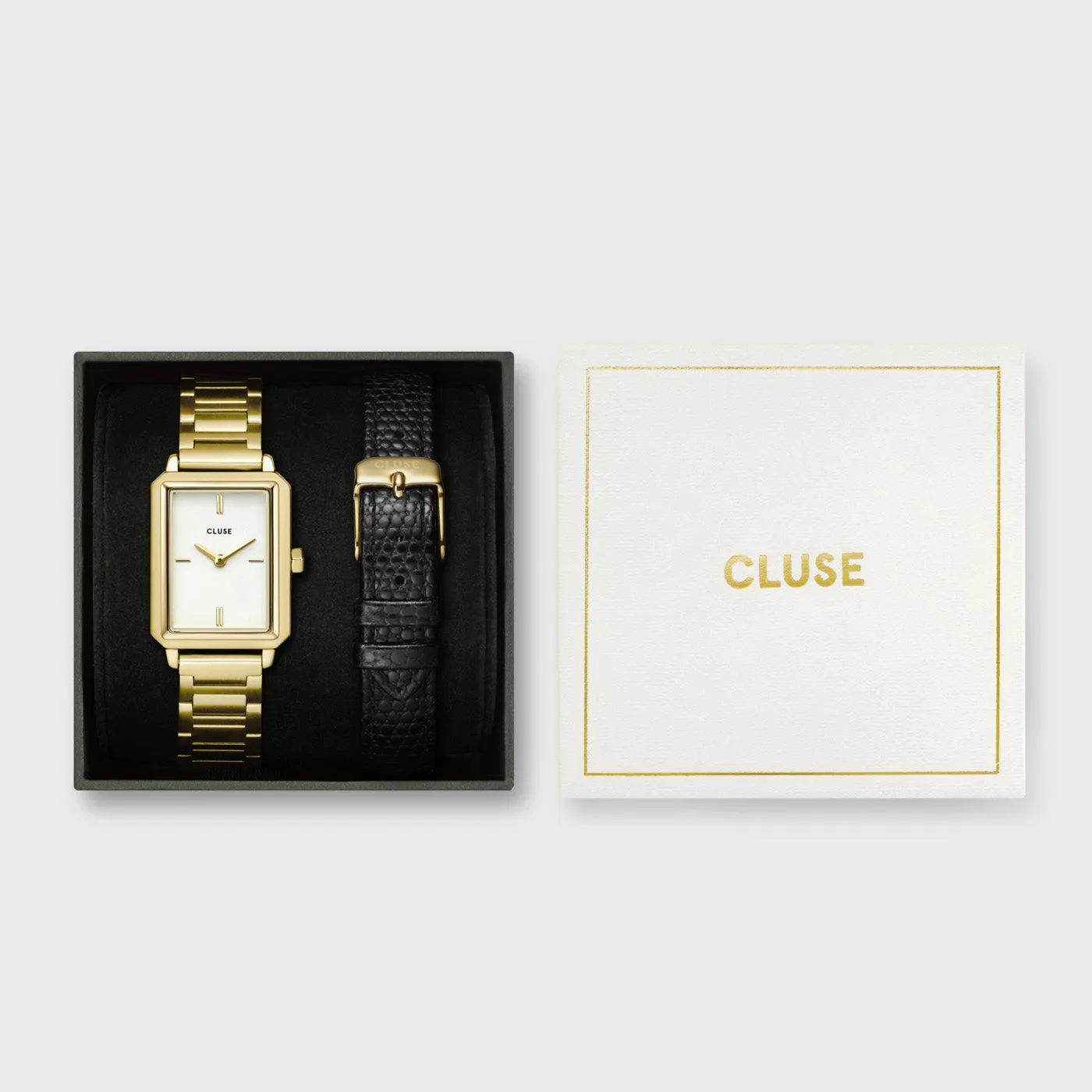 Gift Box Fluette Steel Watch and Black Leather Lizard Strap, Gold Colour