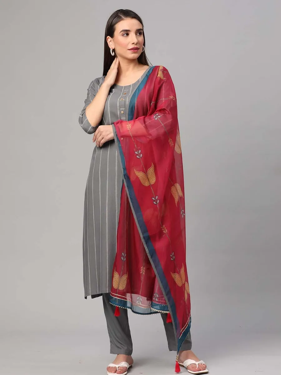 Grey Stripe Printed Kurta Trouser Dupatta