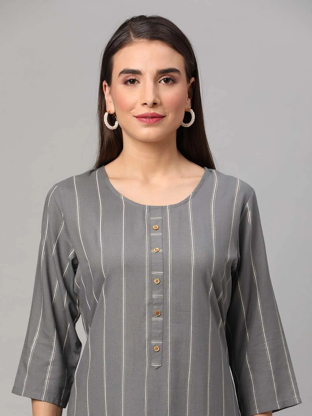 Grey Stripe Printed Kurta Trouser Dupatta