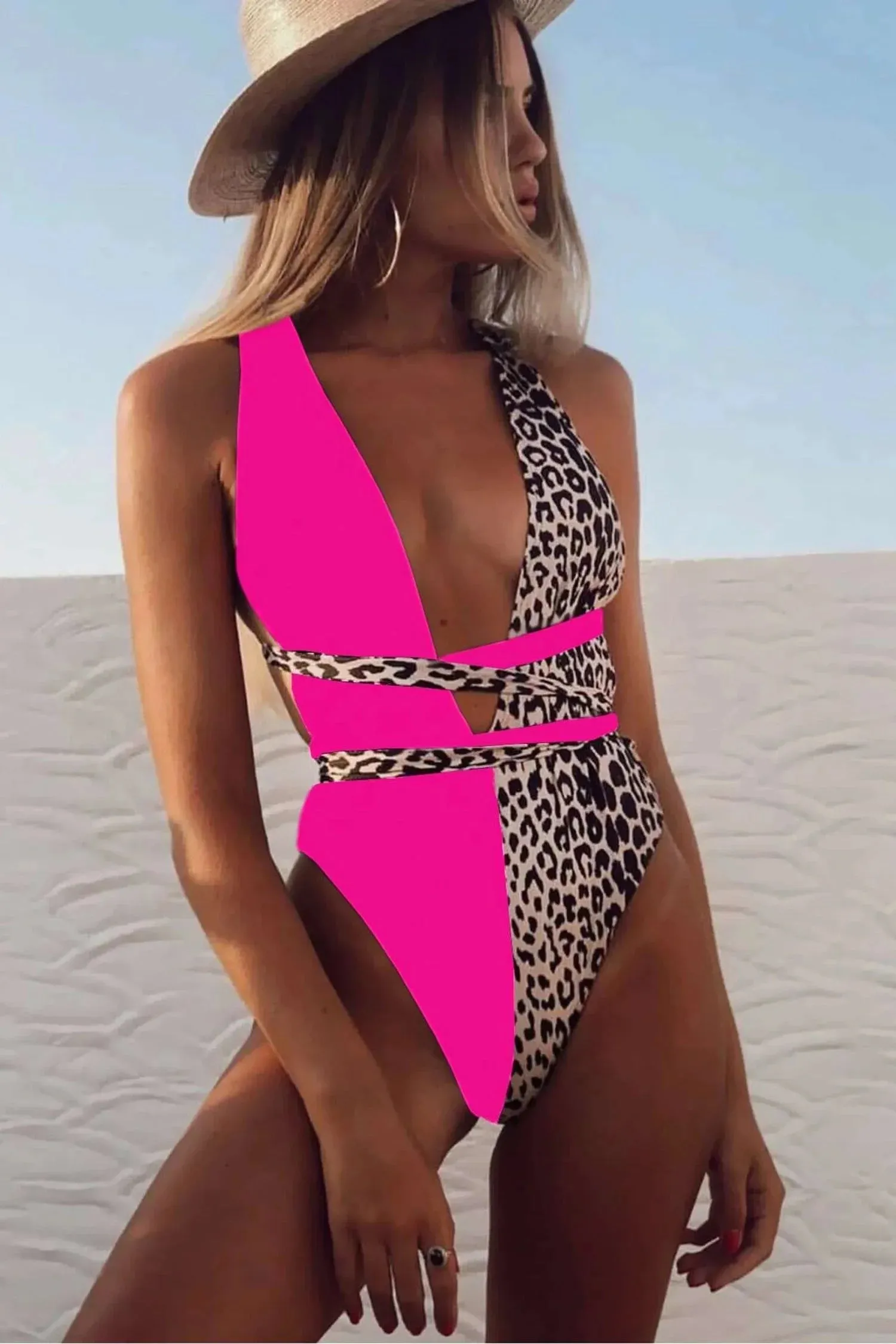 Half Pink Half Leopard One Piece Swimsuit