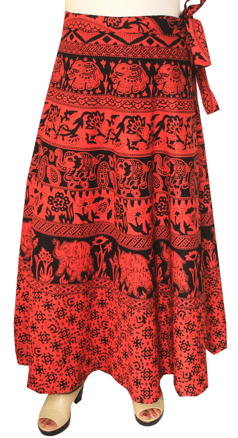 India Long Cotton Skirt Wrap Around Block Print Womens (Red)