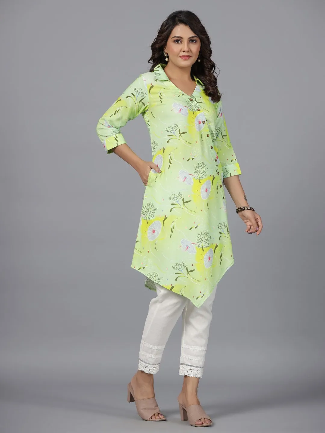 Juniper Lime Green Women Rayon Aquatic Printed & Asymmetric Kurta