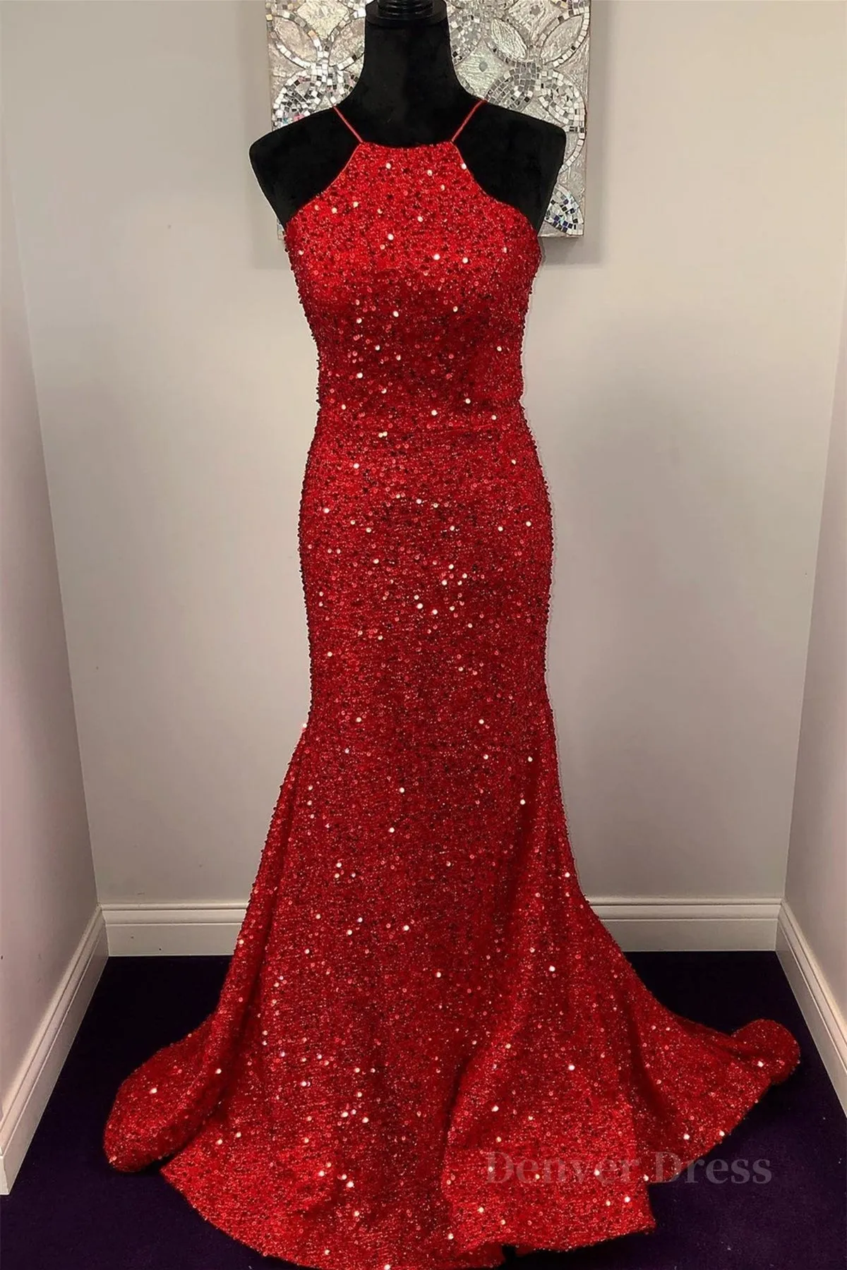 kamahe Shiny Sequins Backless Mermaid Red Long Prom Dresses, Mermaid Red Formal Dresses, Backless Red Evening Dresses