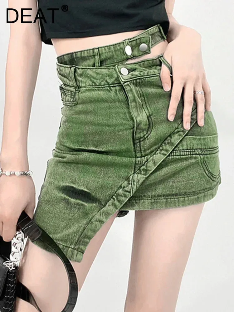 LVSANW DEAT Fashion Women's Skirt High Waist Patchwork Irregular Mini Above Knee Tie-dyed Green Denim Skirts Spring 2024 New 17A1759