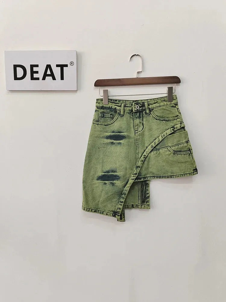 LVSANW DEAT Fashion Women's Skirt High Waist Patchwork Irregular Mini Above Knee Tie-dyed Green Denim Skirts Spring 2024 New 17A1759