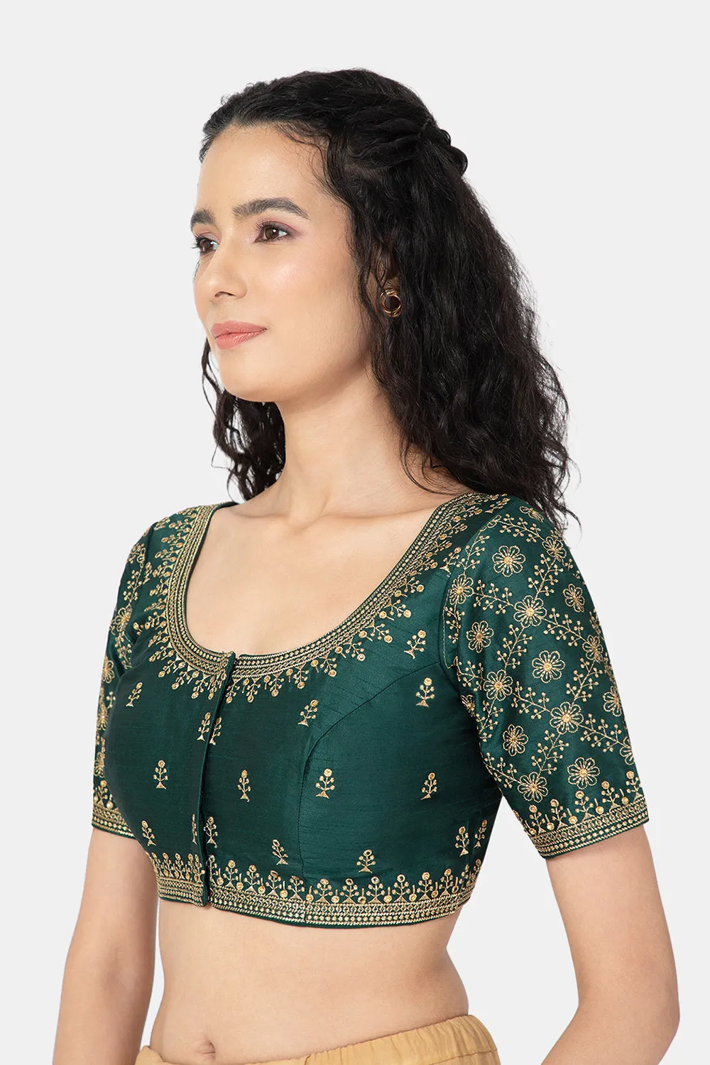 Naidu Hall Ethnic Saree Blouse with Round Neck Elbow Sleeves - Bottle Green