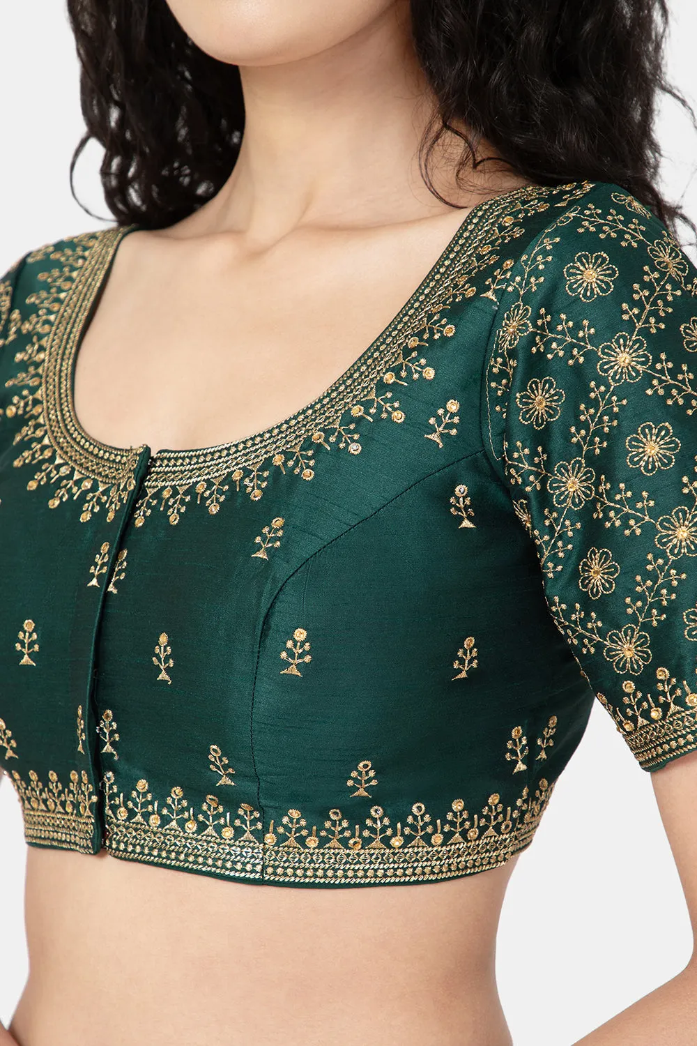 Naidu Hall Ethnic Saree Blouse with Round Neck Elbow Sleeves - Bottle Green