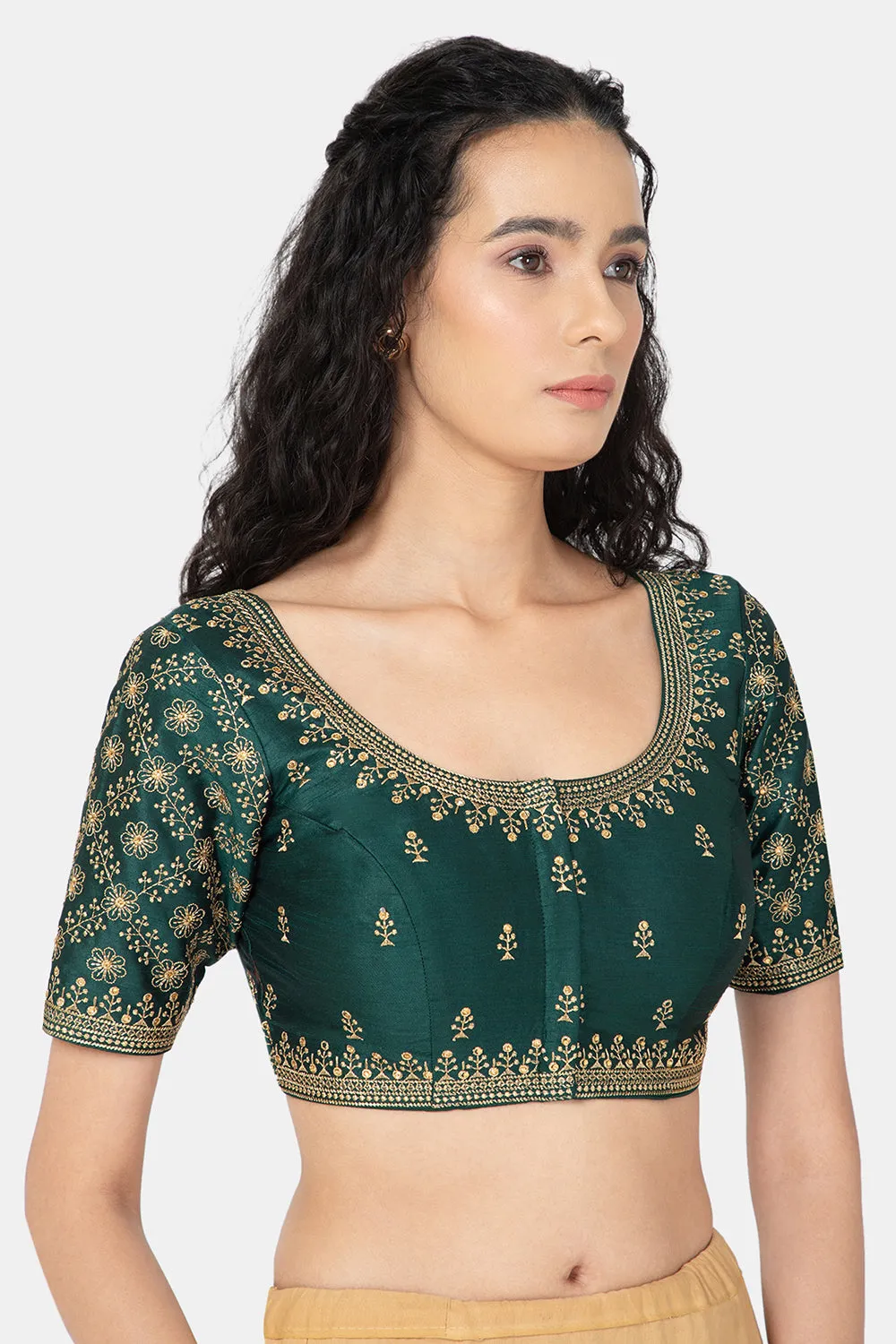 Naidu Hall Ethnic Saree Blouse with Round Neck Elbow Sleeves - Bottle Green