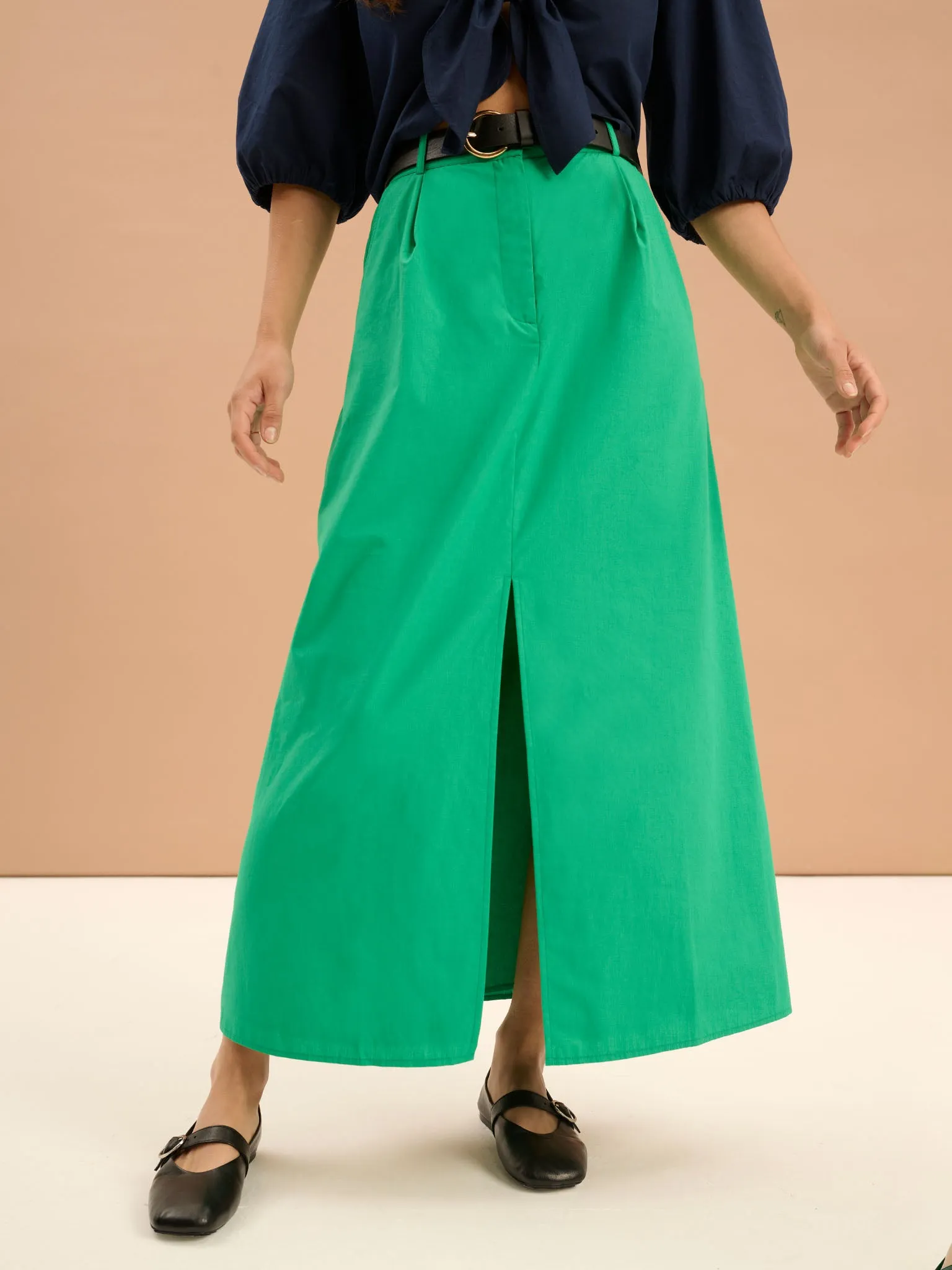 Olive A Line Midi Skirt in Green