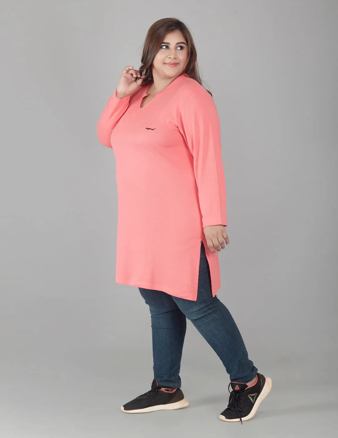 Plus Size Full Sleeves Long Top For Women - Pink