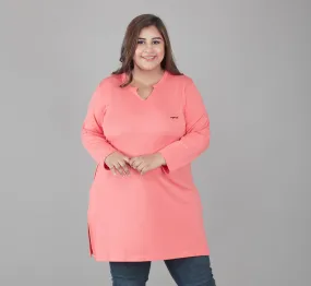 Plus Size Full Sleeves Long Top For Women - Pink