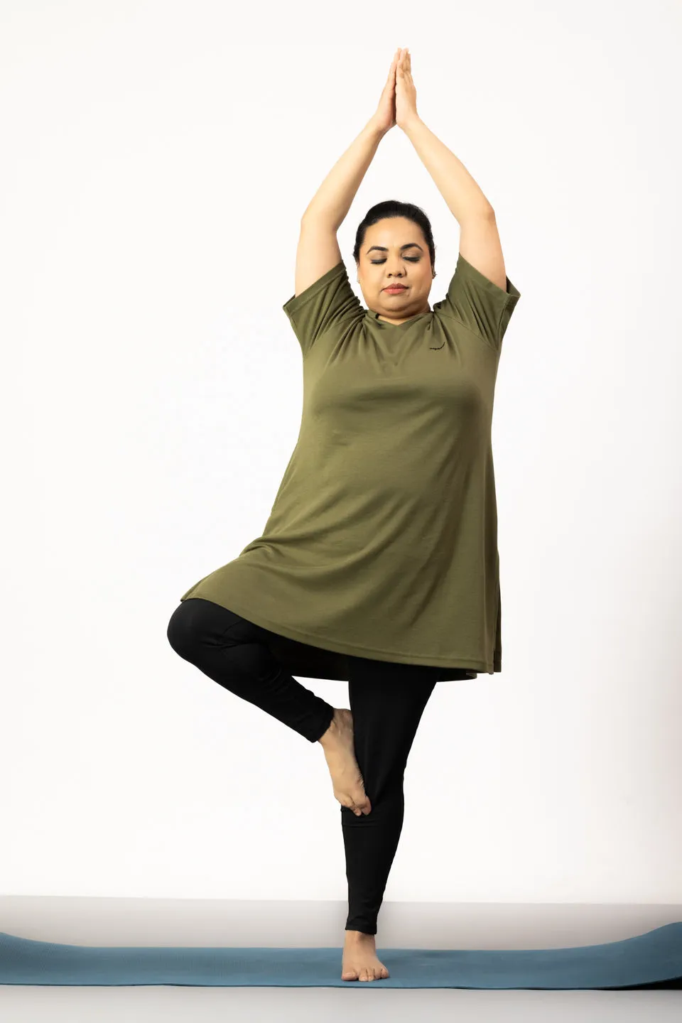 Plus Size Half Sleeves Long Top For Women - Olive Green