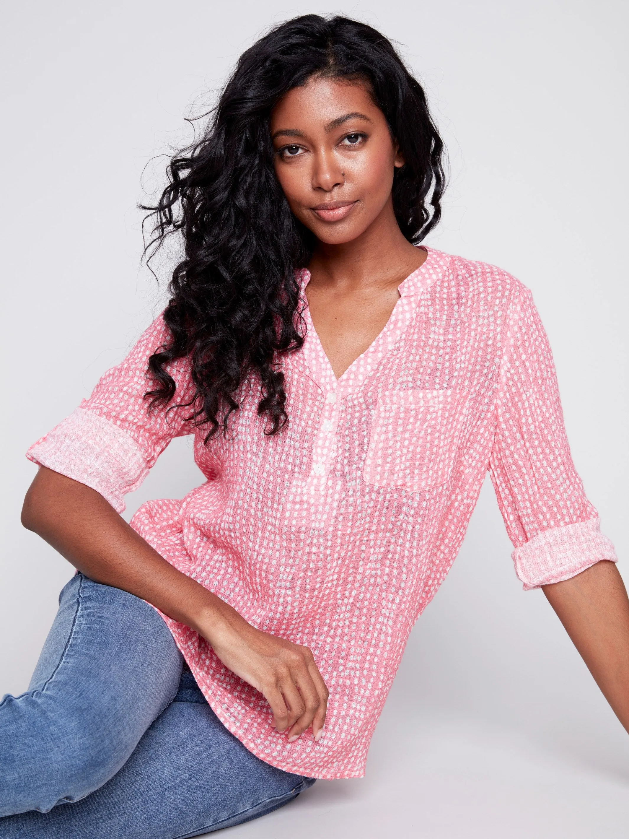 Printed Cotton Gauze Blouse - Flamingo