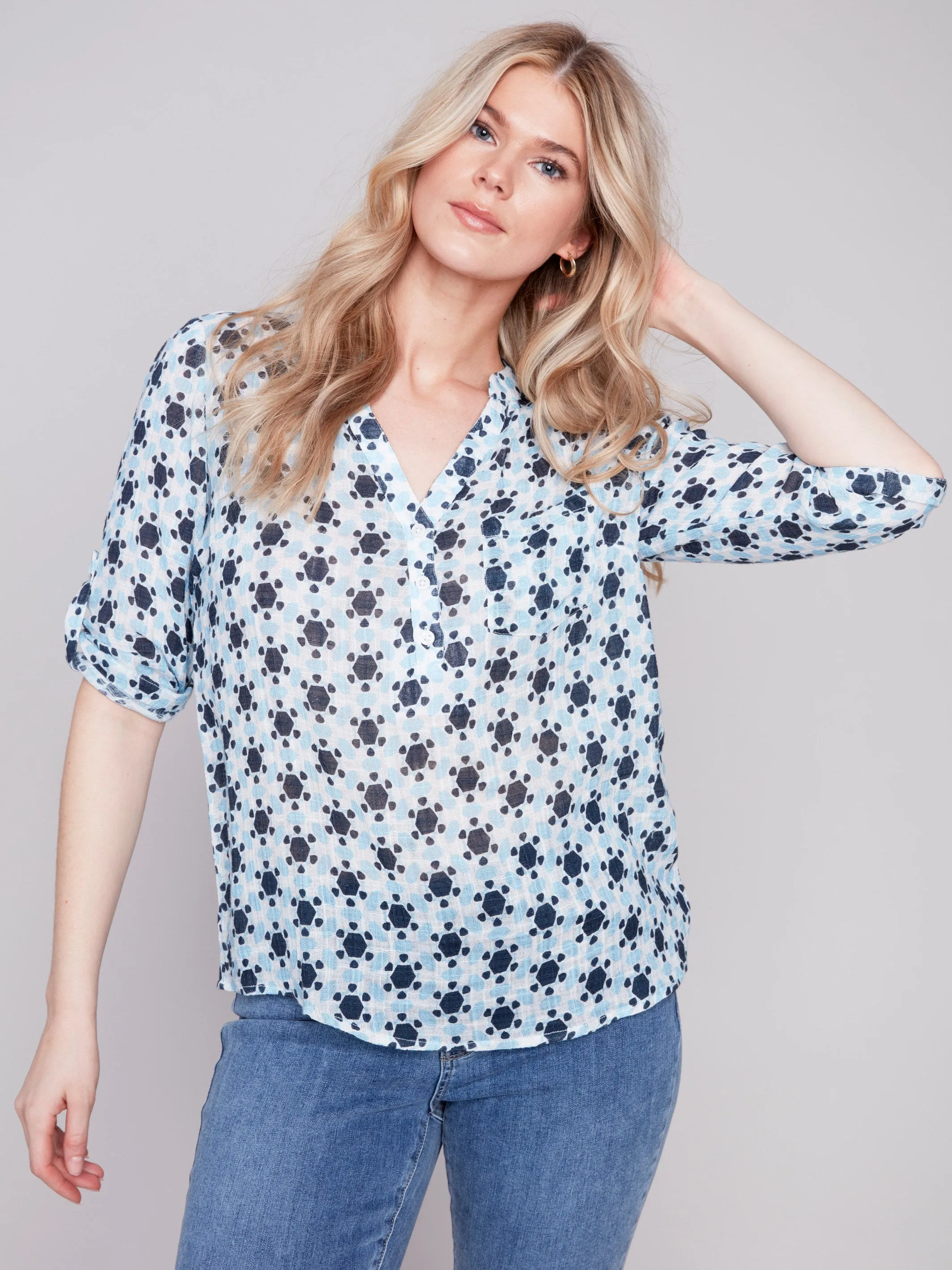 Printed Cotton Gauze Blouse - Geo