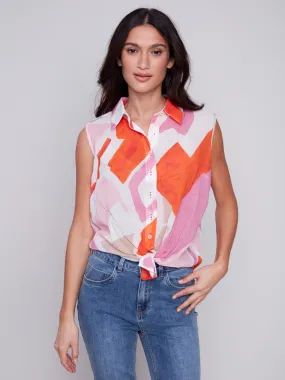 Printed Sleeveless Front Tie Cotton Shirt - Punch