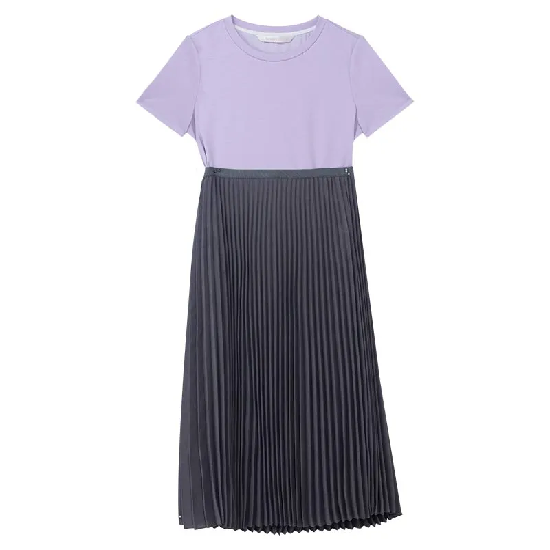 Purple T-shirt Dress And Grey Pleated Skirt Two-Piece Set