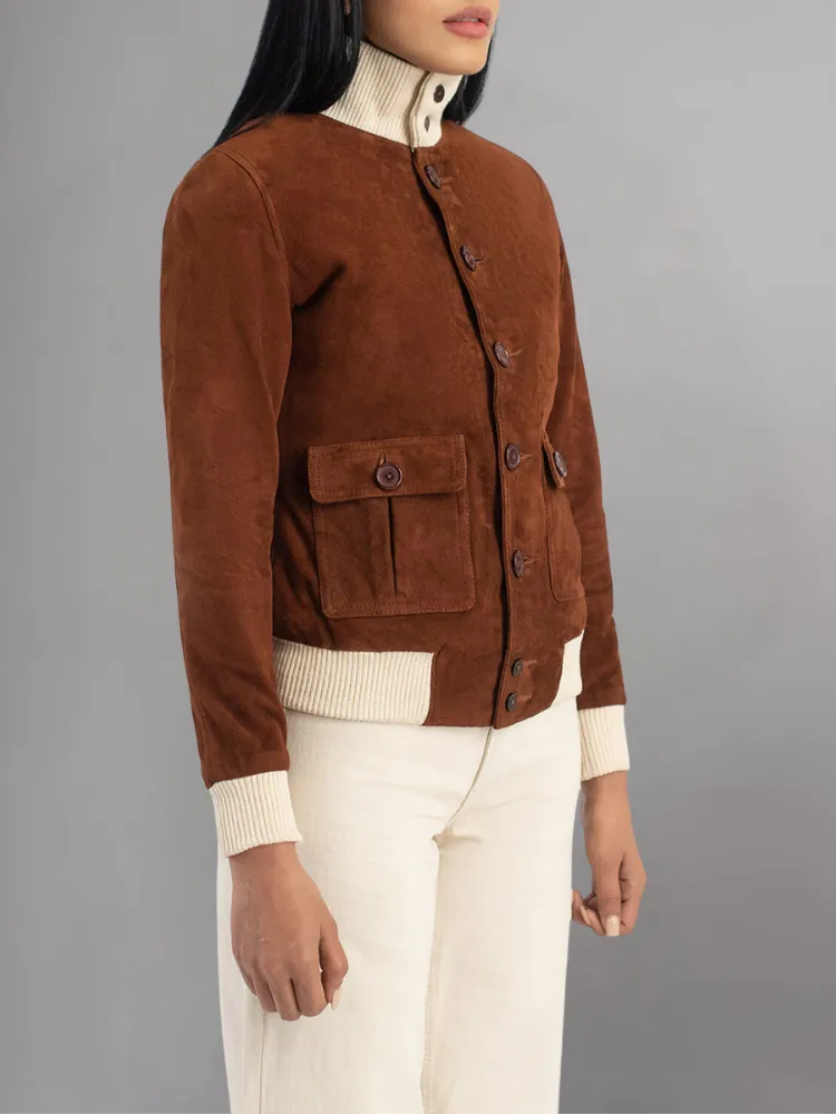 Real Suede Cropped Shearling Jacket For Women