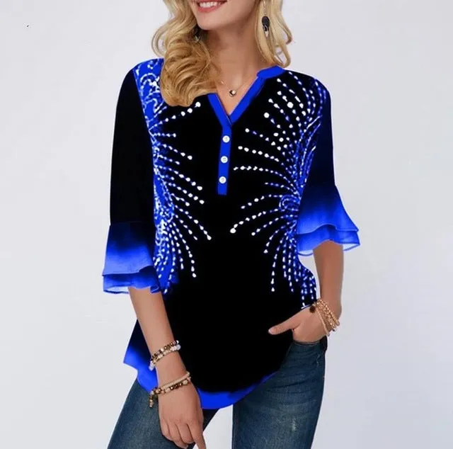 Shirt Women / Printing Blouse 3/4 Sleeve Casual Hem Plus Size