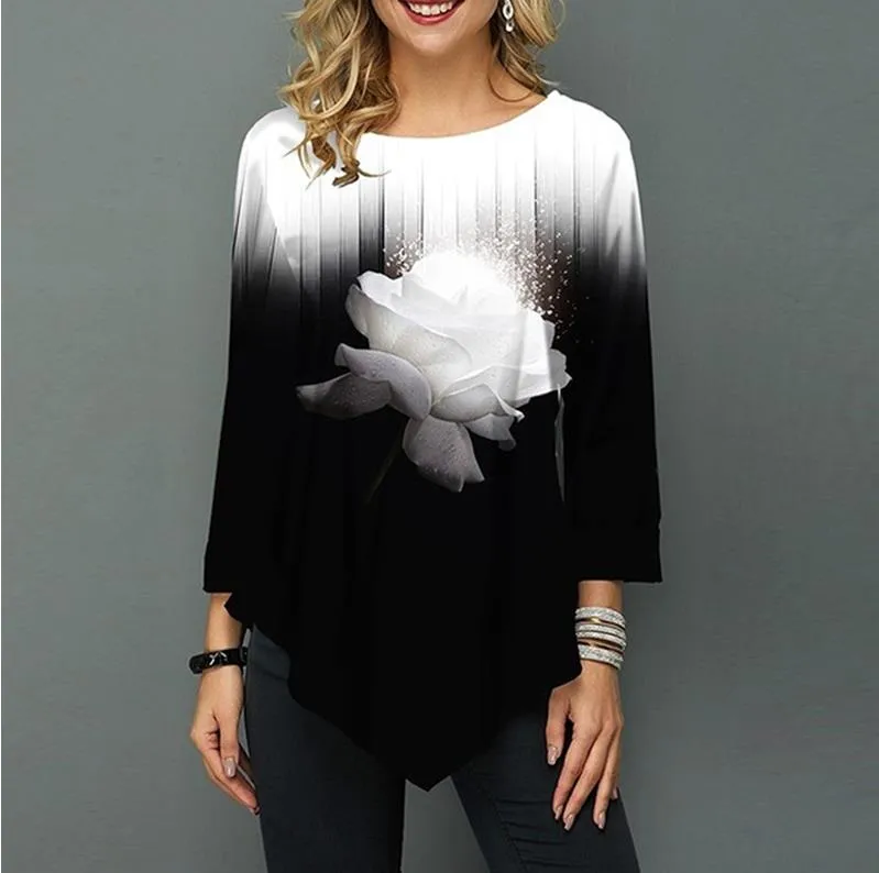 Shirt Women / Printing Blouse 3/4 Sleeve Casual Hem Plus Size