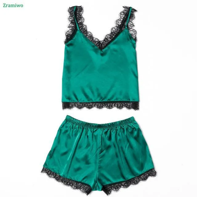 Summer Sleepwear Sexy Satin Pajamas Set Lace Cami Tops and Shorts Sleeveless Nightwear for Women