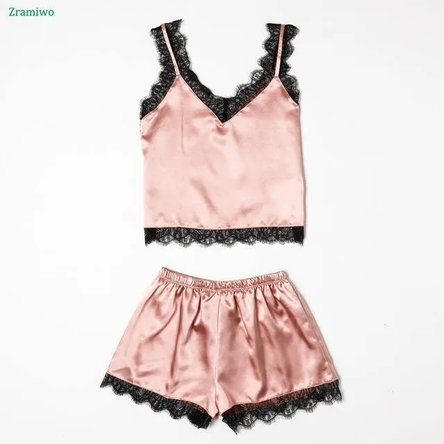 Summer Sleepwear Sexy Satin Pajamas Set Lace Cami Tops and Shorts Sleeveless Nightwear for Women