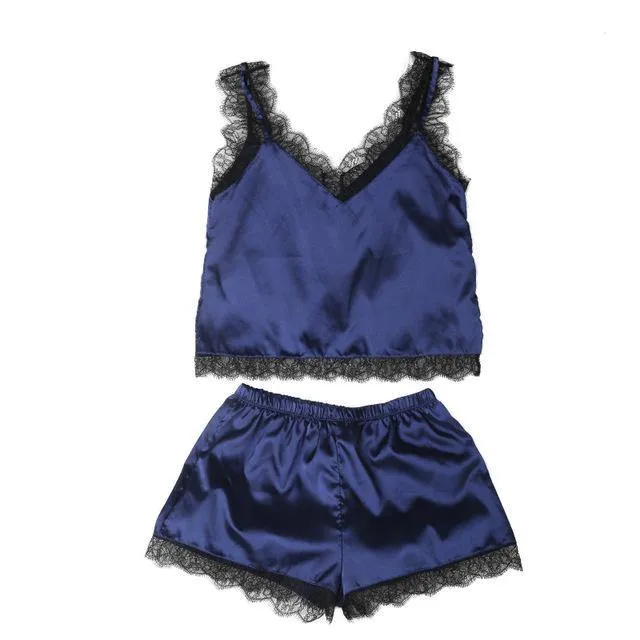 Summer Sleepwear Sexy Satin Pajamas Set Lace Cami Tops and Shorts Sleeveless Nightwear for Women