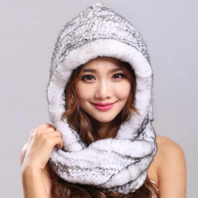 Thick autumn winter warm real rabbit fur scarf and hat