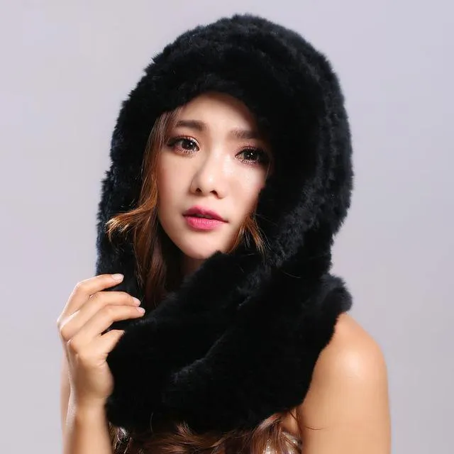 Thick autumn winter warm real rabbit fur scarf and hat