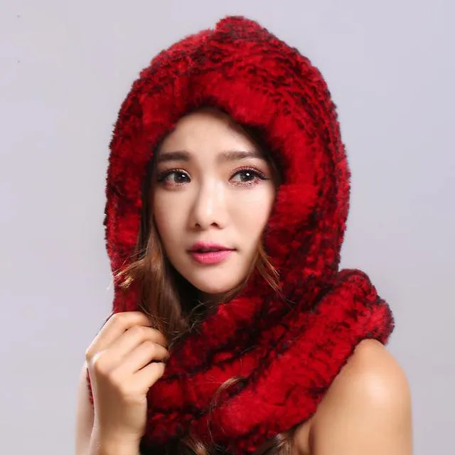 Thick autumn winter warm real rabbit fur scarf and hat