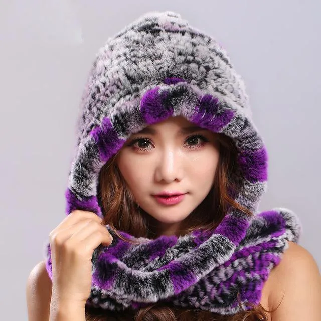 Thick autumn winter warm real rabbit fur scarf and hat