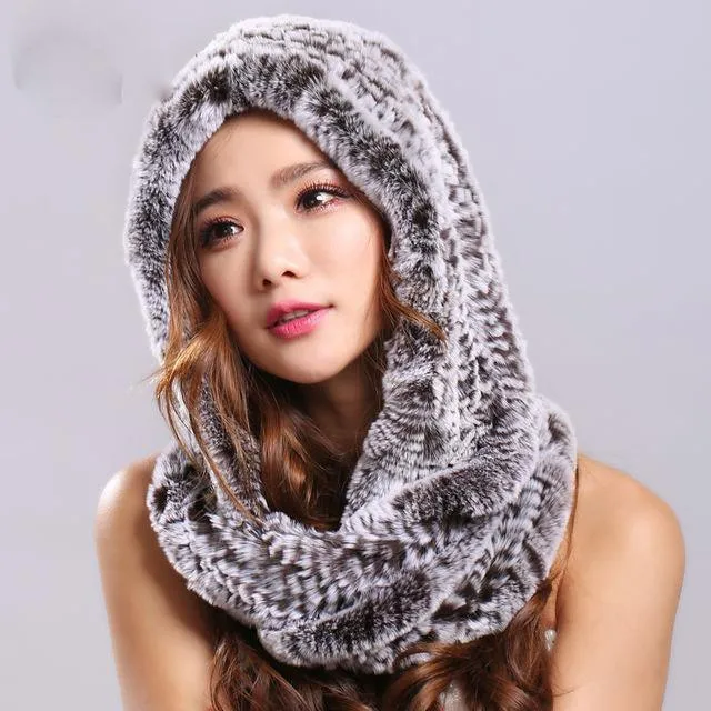 Thick autumn winter warm real rabbit fur scarf and hat