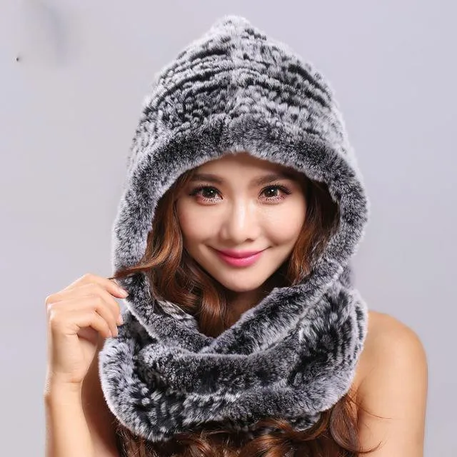 Thick autumn winter warm real rabbit fur scarf and hat