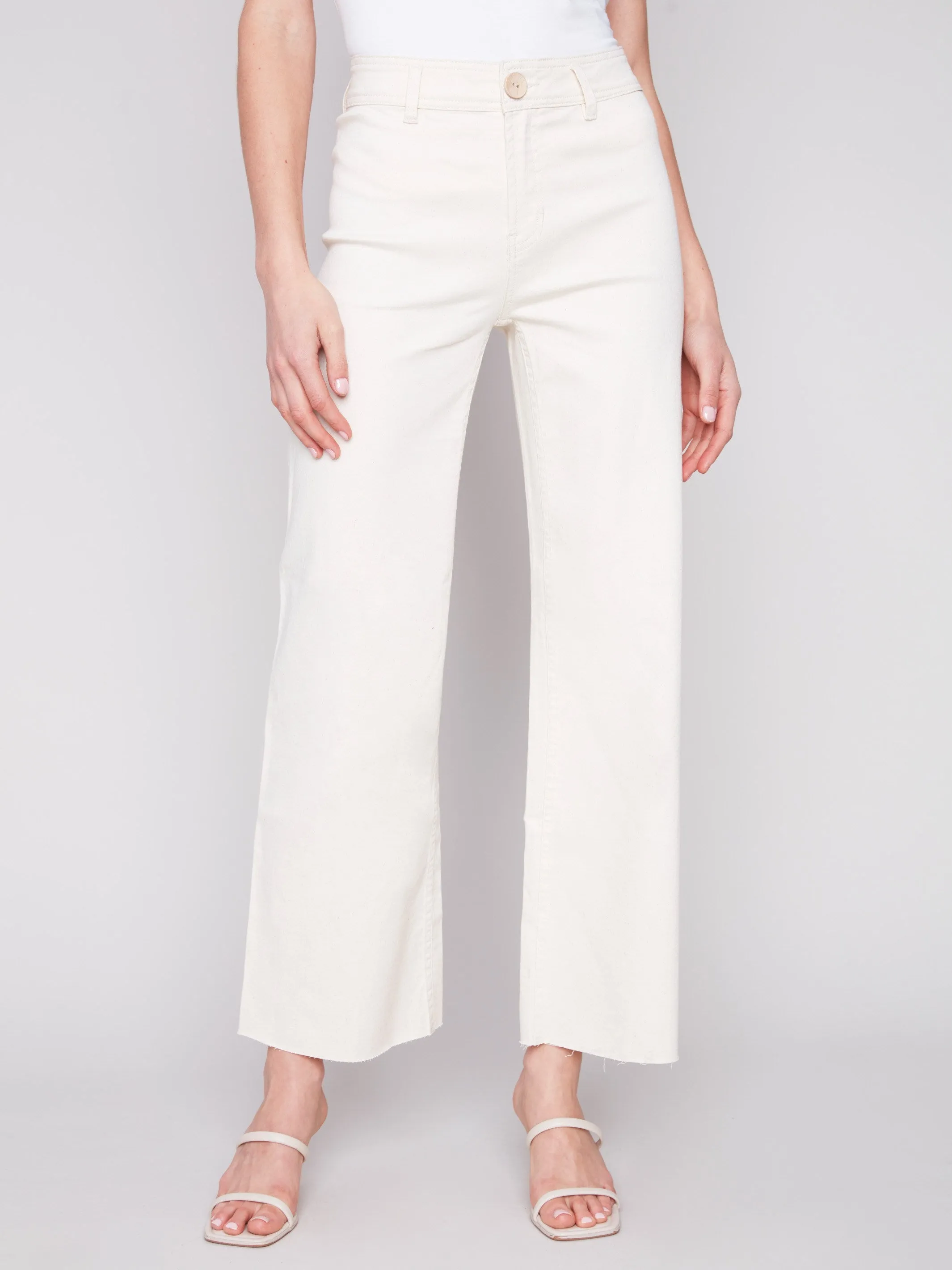 Wide Leg Twill Jeans with Raw Hem - Natural