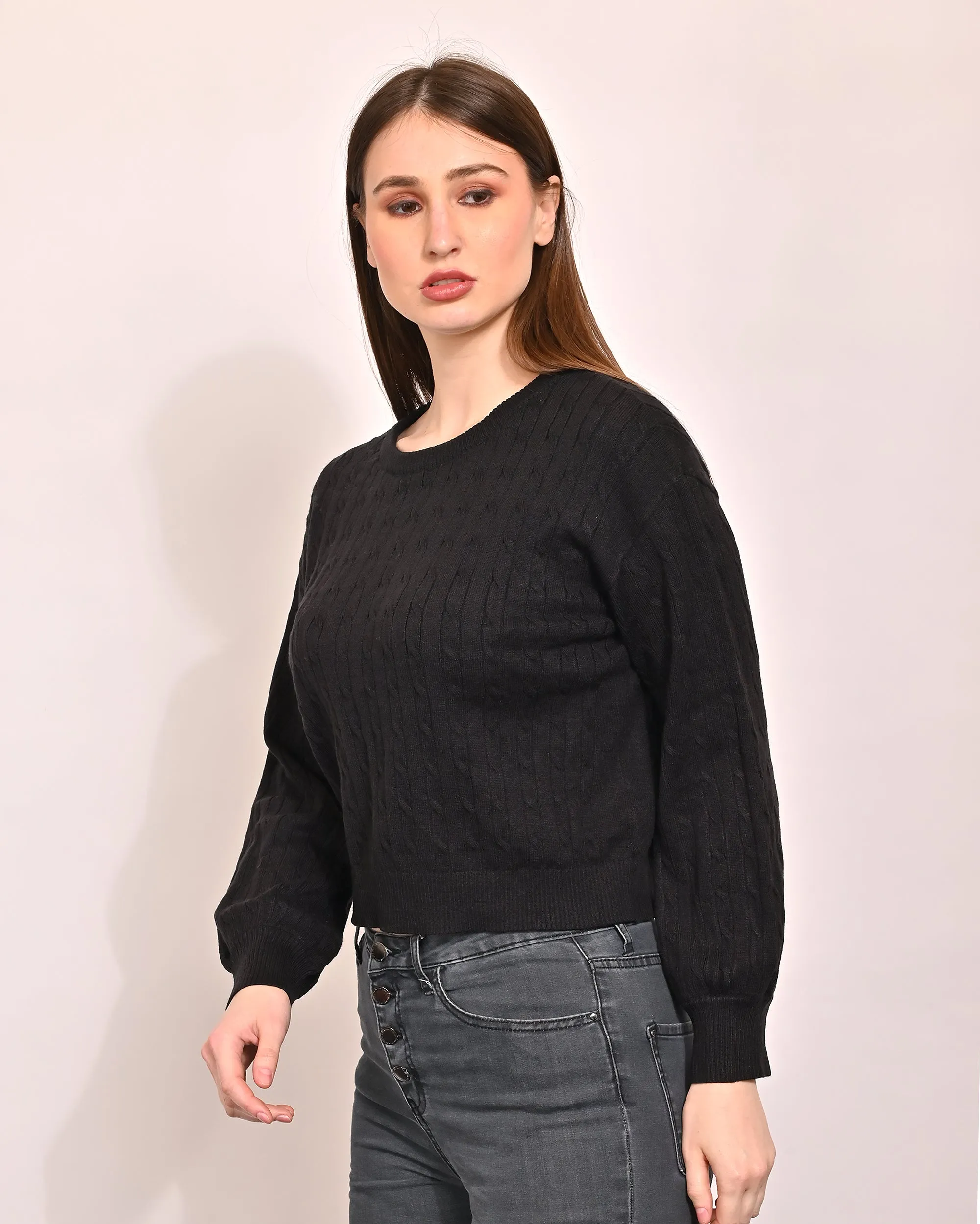 Women Black Acrylic Crop Sweater