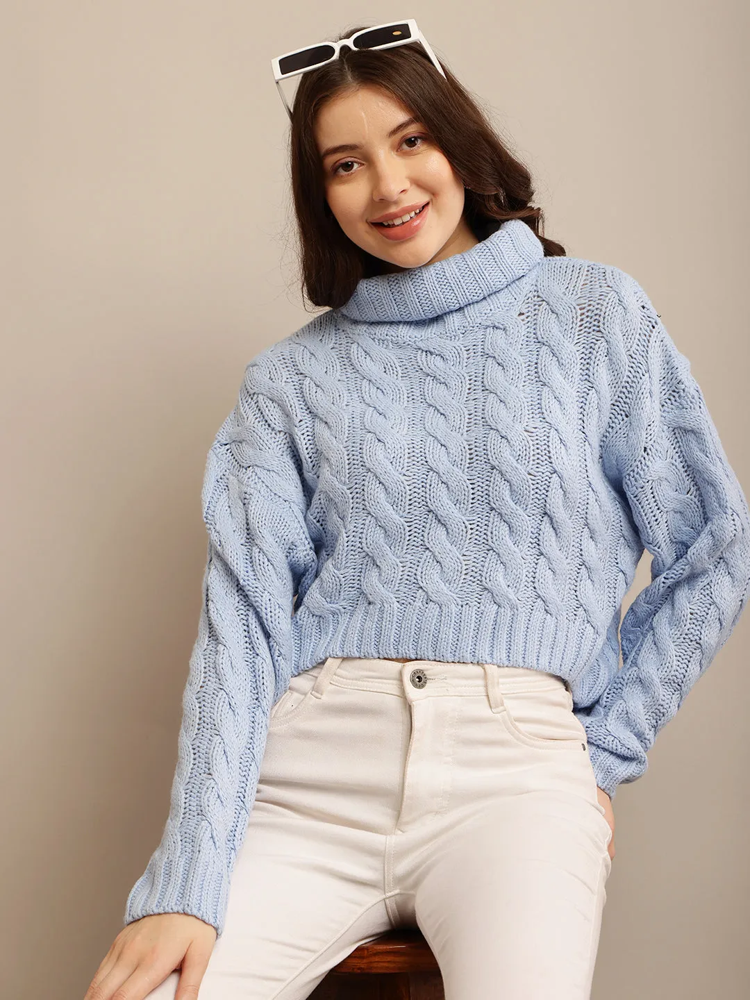 Women Blue Cable Knit Sweater