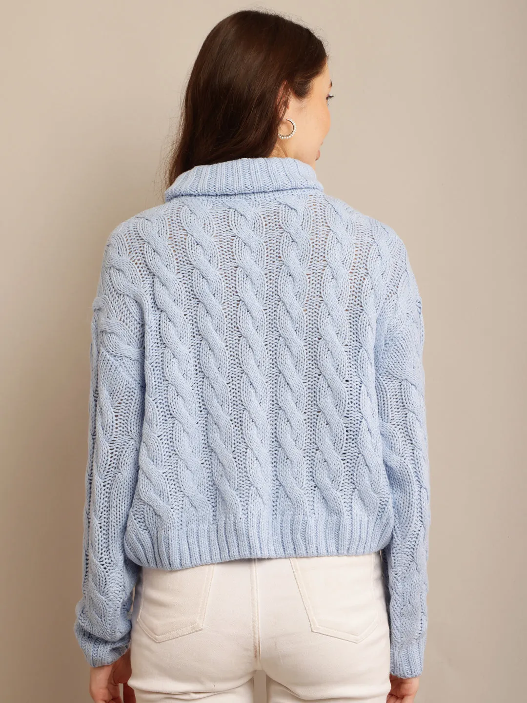 Women Blue Cable Knit Sweater