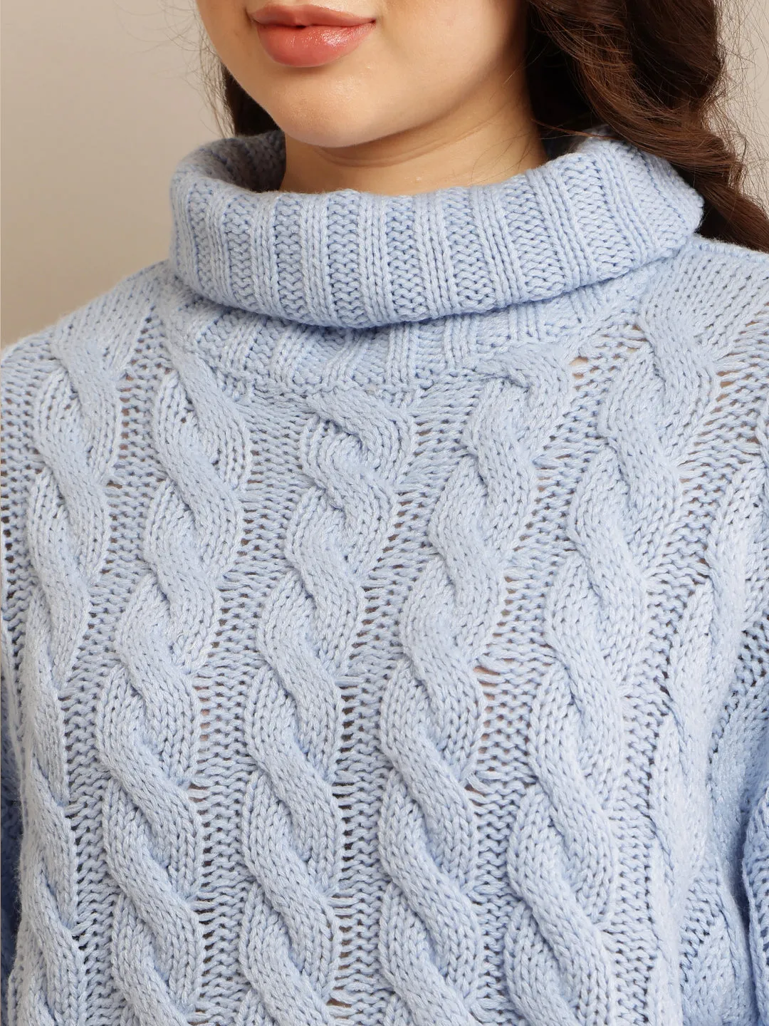 Women Blue Cable Knit Sweater