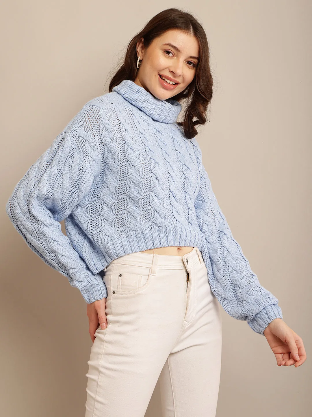 Women Blue Cable Knit Sweater