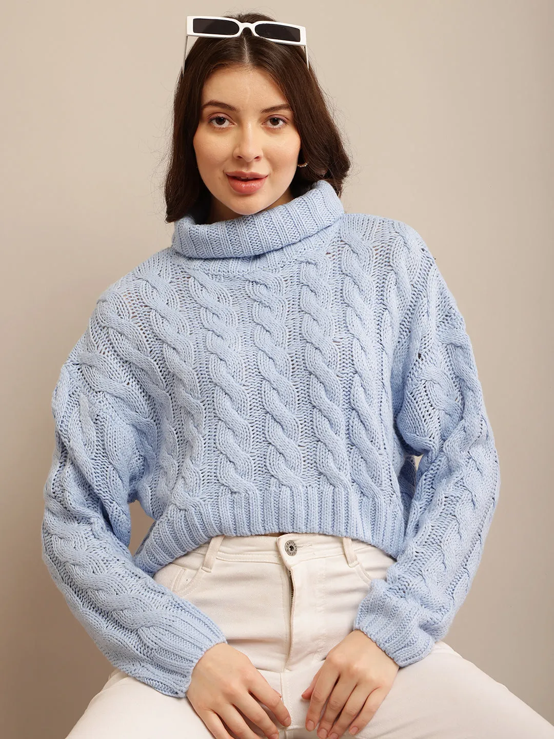 Women Blue Cable Knit Sweater