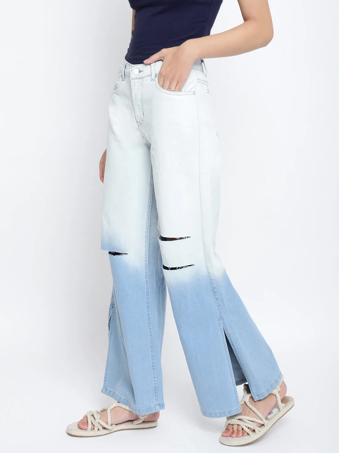 Women Blue Distressed Flared Jeans