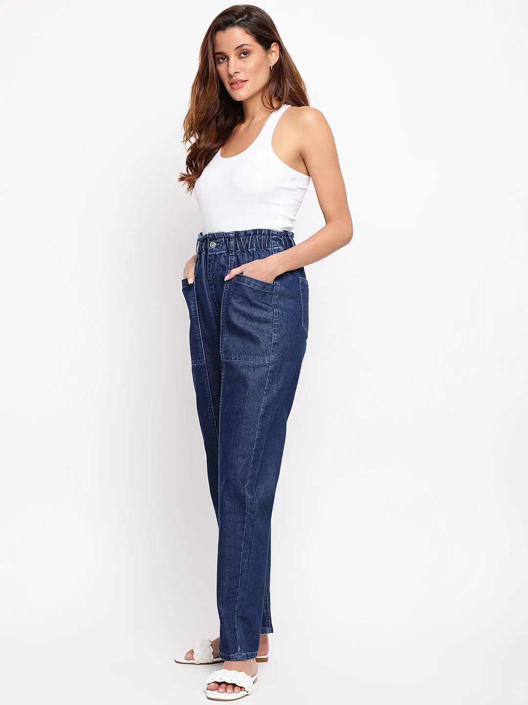 Women Blue Paperbag Mom Fit Jeans