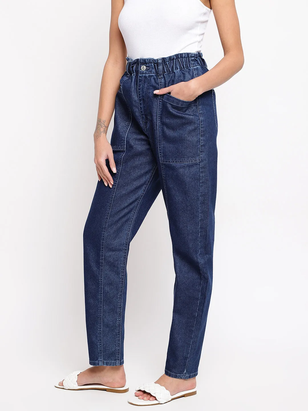 Women Blue Paperbag Mom Fit Jeans