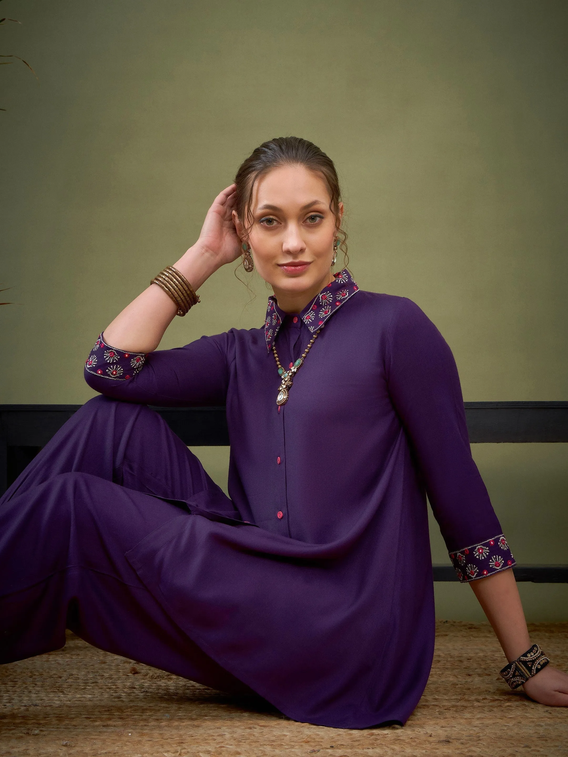 Women Dark Purple Sleeves & Collar Embroidered Shirt With Cuff Pants