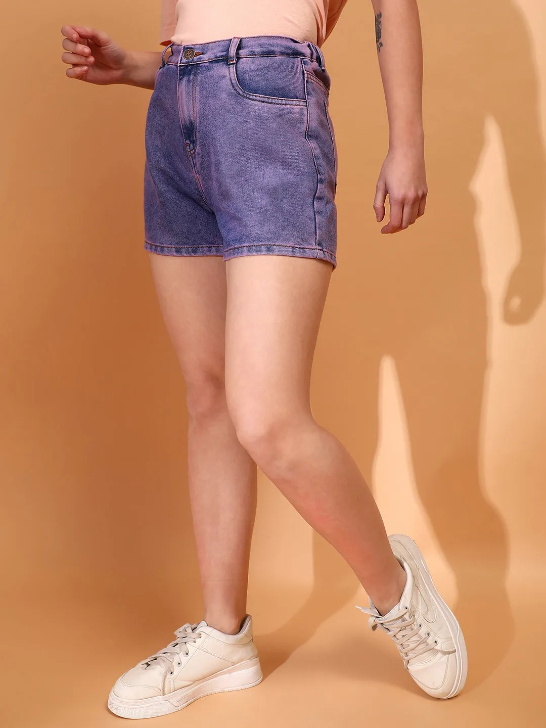 Women Denim solid Purple Shorts