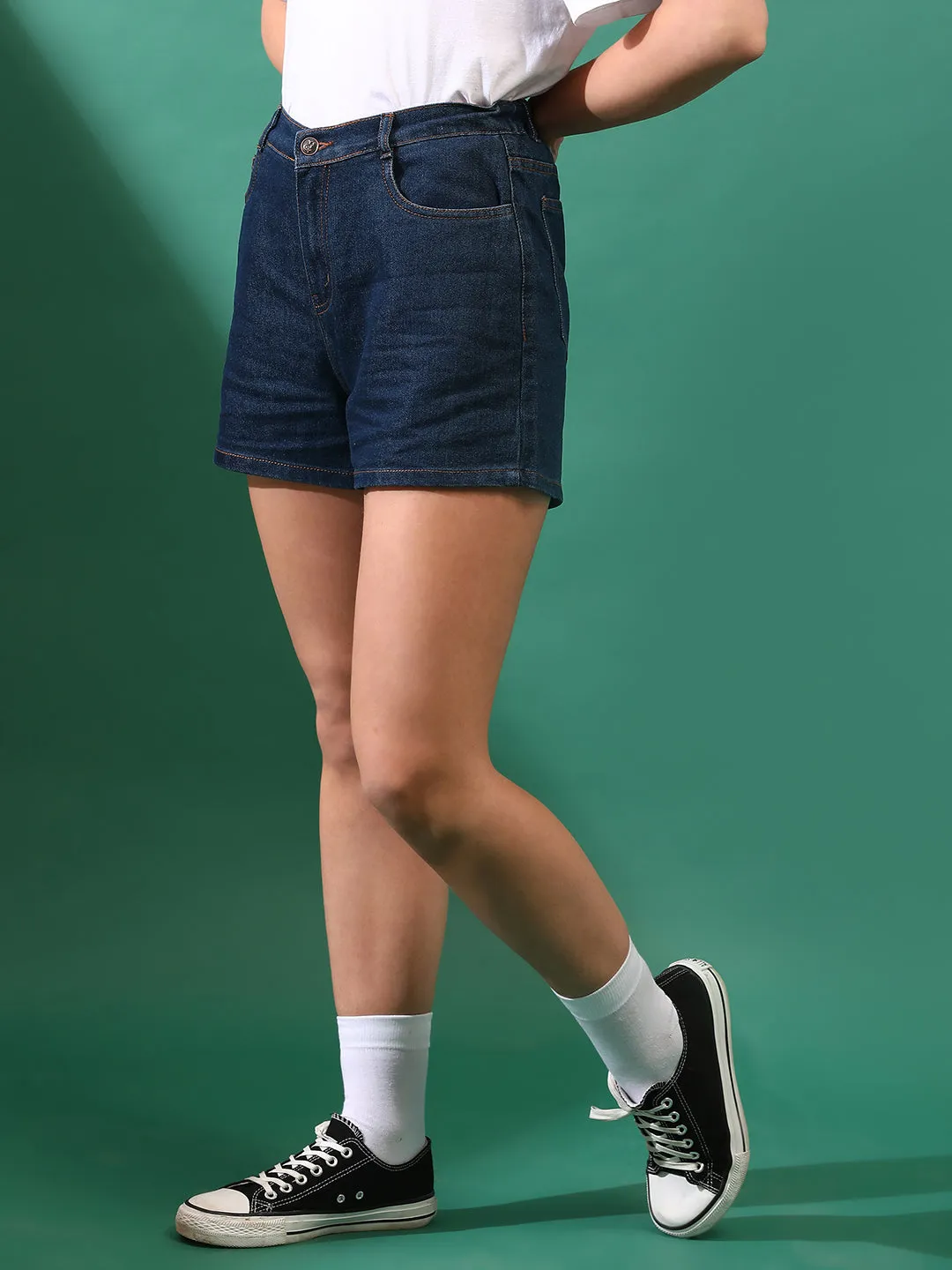 Women Denim Solid Rinse Blue Shorts