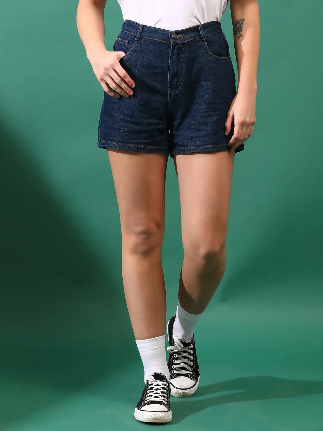 Women Denim Solid Rinse Blue Shorts