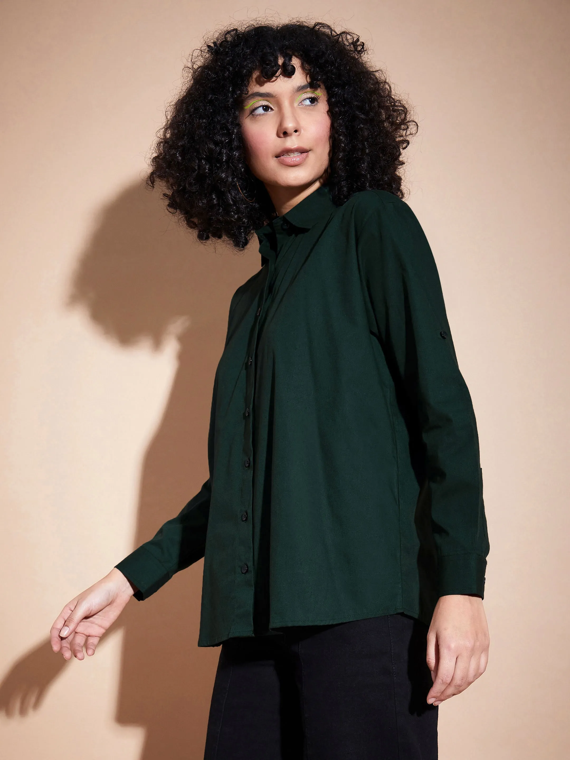 Women Green Poplin Oversized Shirt