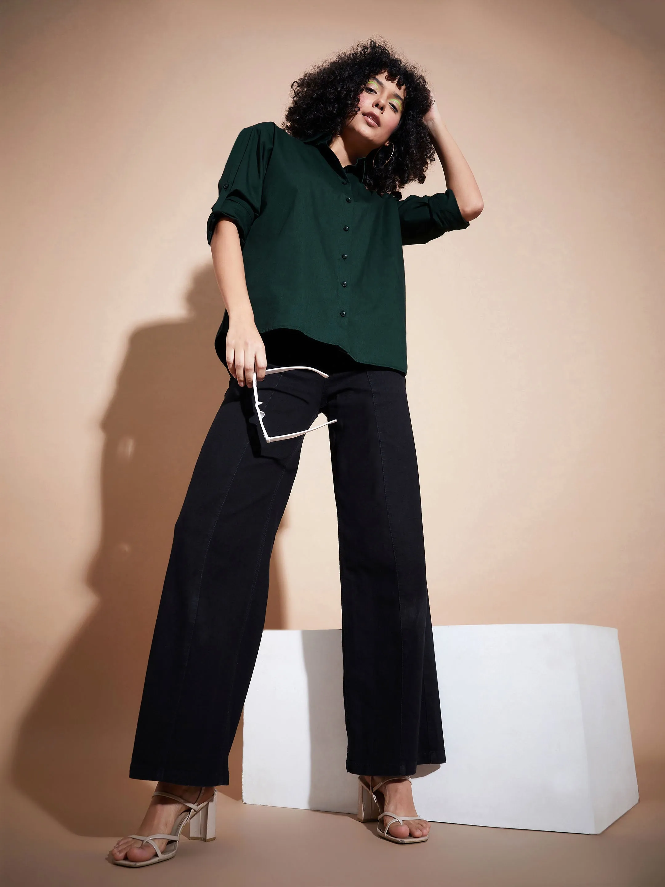 Women Green Poplin Oversized Shirt